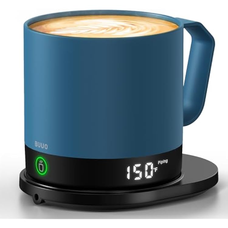 Self Heating Coffee Mug with Temperature Control, Smart Heated Mug 14oz with Lid, Rechargeable Heated Mug, Dual-Sided LED Display, Keeps Drinks Warm Up to 150F Blue