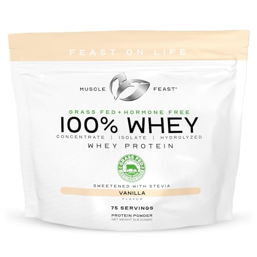 Muscle Feast 100% Grass Fed Whey Protein Powder, All Natural, Hormone Free Paure Raised Whey Protein Powder for Women & Men - Whey Concentrate, Isolate & Hydrolyzed Protein Powder Blend - Vanilla, 5lb