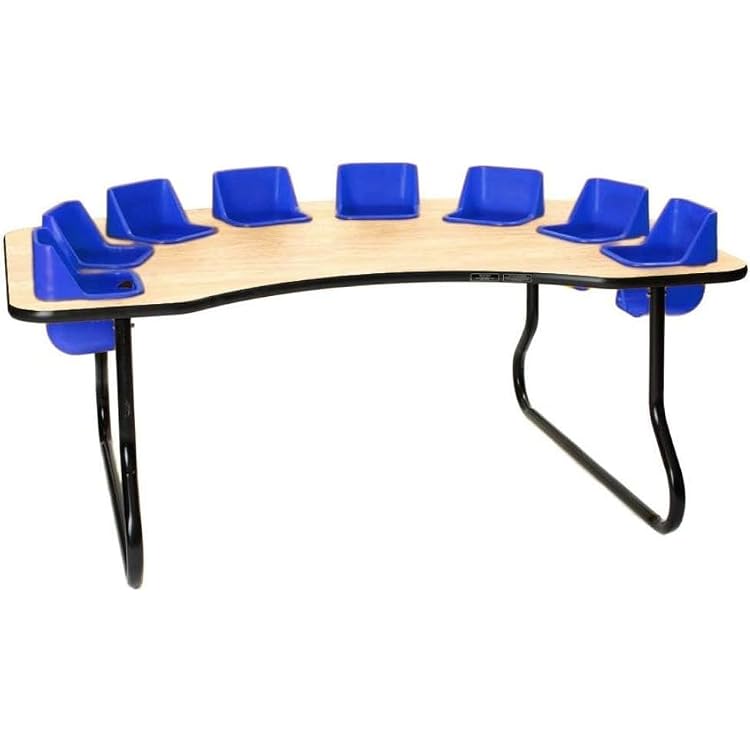 The Original 8 seat Daycare Table with Feeding Seats for Toddlers - Daycare High Chair with Bucket Seats for Classroom Use - Maple Table, Blue Chairs