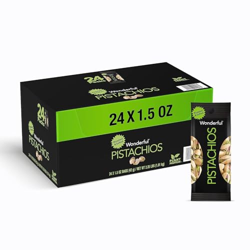 Wonderful Pistachios In Shell, Roasted and Salted Nuts, 1.5 Ounce Bag Pack of 24, Protein Snack, On-the-Go, Individually Wrapped Healthy Snack