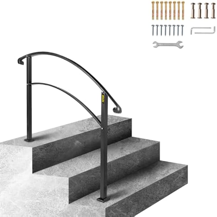 Happybuy Handrails for Outdoor Steps, Fit 1 or 3 Steps Outdoor Stair Railing, Black Wrought Iron Handrail, Flexible Front Porch Hand Rail, Transitional Handrails for Concrete Steps or Wooden Stairs