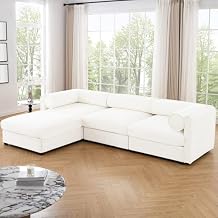 Modular Sectional Couch Sofa with 3-Seater and 1 Ottoman,109" Oversized Chenille Fabric Couches with Hidden Storage,Comfy Cylindrical Backrest L-Shaped Corner Sofa for Living Room,White