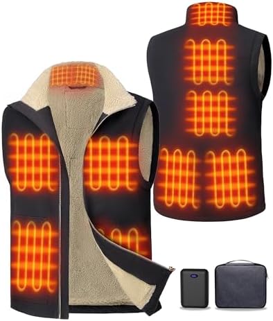 Canvas Heated Vest for Men with 16000mAh 7.4V Baterry Pack, 9 Zones Mens Heated Vest, Sherpa Lined