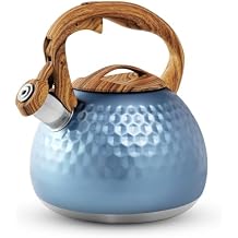 Stainless Steel Tea Kettle Blue, Teapot 3.2 Quart Whistling Tea Kettle, Tea Pots for Stove Top with Wood Pattern Handle, Gas Electric Applicable