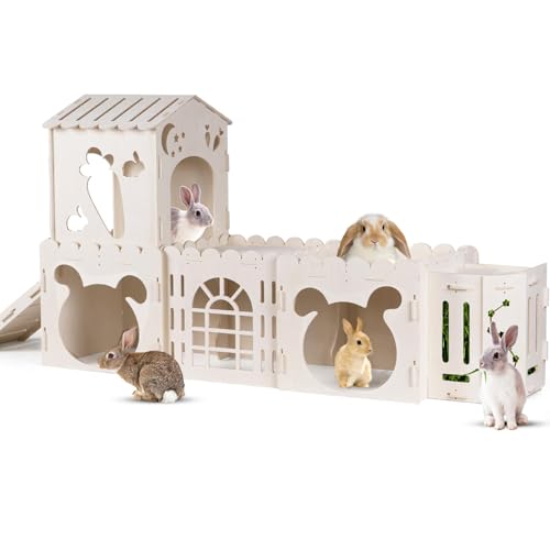 Extra Large Rabbit House, Wooden Bunny Castles with 4 Houses and Hay Feeder, Indoor Guinea Pig Castles Multistory Climbing Tower, Sturdy Wooden Bunny Cage Indoor, Small Animal Pet Rabbit Habitat