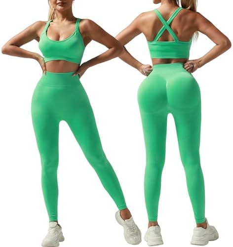 Workout Outfits for Women 2 Piece Ribbed Seamless Crop Tank High Waist Yoga Leggings Sets