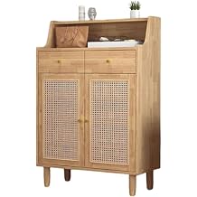 Rattan Shoe Cabinet with Double Drawers, Multifunctional Storage Shoe Storage Cabinet, Solid Wood Material, Suitable for Porch, Entrance,Yellow