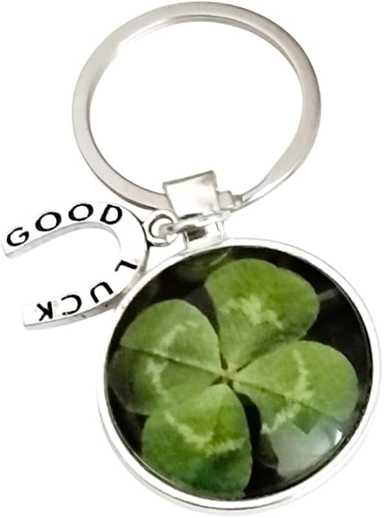 Good Luck Four Leaf Clover Shamrock Keyring With Horseshoe Charm. New home job Keychain Gift