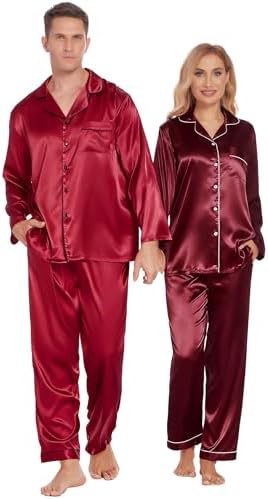 Ekouaer Couples Matching Pajamas Silk Long Sleeve Sleepwear Satin Soft Button Down Loungewear Pjs Set
