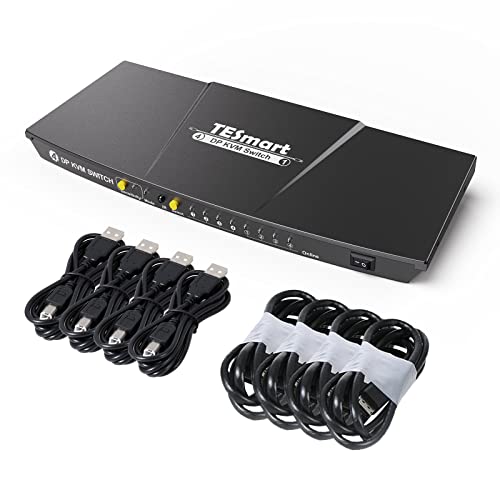TESmart KVM Switch DisplayPort, 4 Port KVM Box, UHD 4K@60Hz,5120x1440@60Hz, USB 2.0 Hub, Hotkey, Button Switching, DP PC Keyboard Mouse Switcher for 4 Computers Sharing 1 Monitor with 5ft Cables