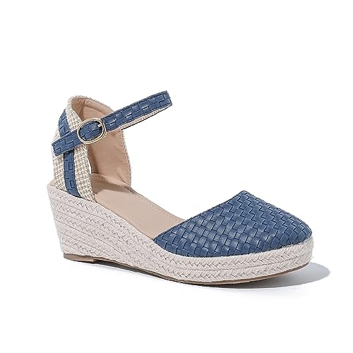Womens Platform Wedge Sandals Braided Leather Closed-Toe With Ankle Strap Espadrille Fish Mouth Sandals Summer Outdoor Causal Slide Sandals