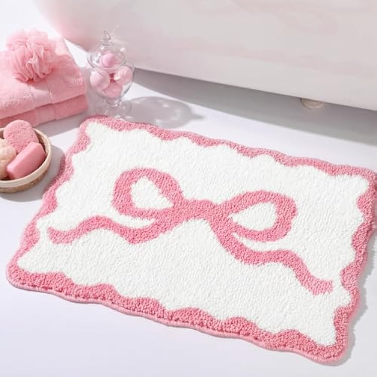 Tinideya Pink Bow Bathroom Rug 16 x 24 Scalloped Bow Bath Mat Non Slip Coquette Rug Cute Aesthetic Carpet Preppy Room Decor Microfiber Absorbent Bathroom Mat for Valentines Bathtub Shower Bedroom