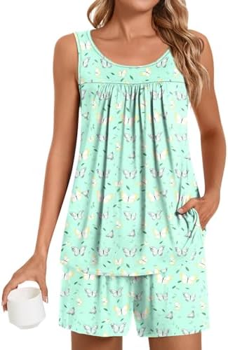 POPYOUNG Pajama Set for Women Summer Sleeveless Tank Tops Pjs Sets 2 Piece Lounge Set Comfy Shorts Sleepwear with Pockets