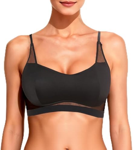 SilRiver Silk Bra Satin Bralette Top with Mesh & Lightly Padded Cups for Everyday Wear, Wireless Comfort & Luxurious Feel