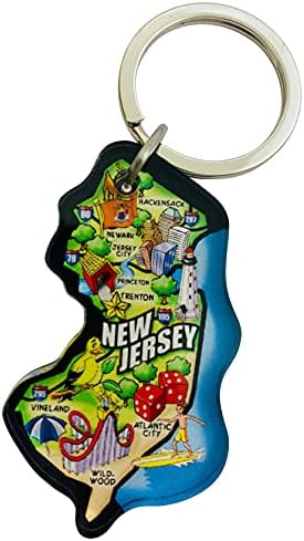Westmon Works New Jersey Keychain Souvenir with State Map and Flag Images Acrylic Key Chain