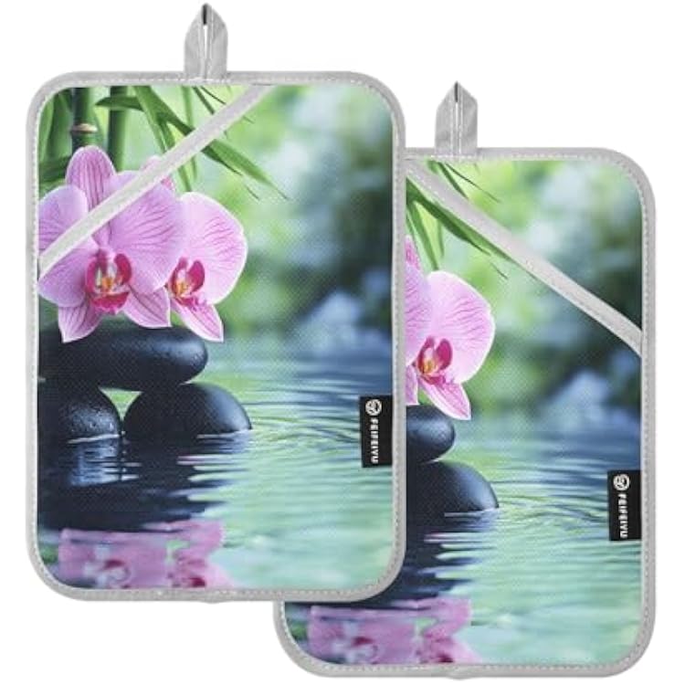 2 Pack Pot Holders, Orchid Flower Japanese Zen 7x9.8 inch Heat Resistant Oven Mitts Gloves Hot Pads with Non-Slip Pockets, 170C Heatproof Potholder Set for Kitchen, BBQ, Microwave, Table Pr