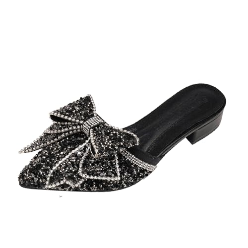 Womens Bow Rhinestone Glitter Low Heels Mules Fashion Closed Pointed Toe Backless Slip on Comfortable Block Heel Pumps Sandals for Party Prom Date Wedding Dressy Slides