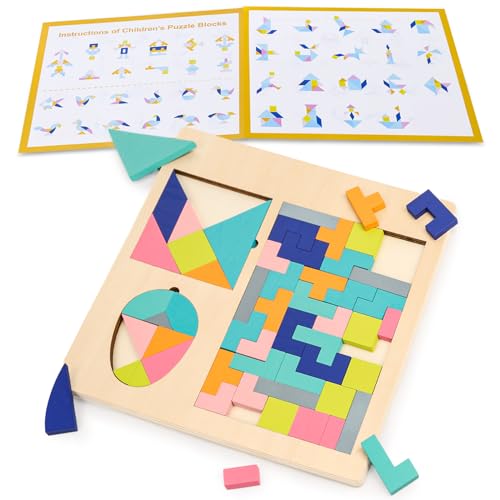 3 otters Wooden Tangram Puzzle, 3-in-1 Wooden Blocks Puzzle, Brain Teasers Toy Christmas Stocking Stuffers, Puzzles for Kids Ages 4-8