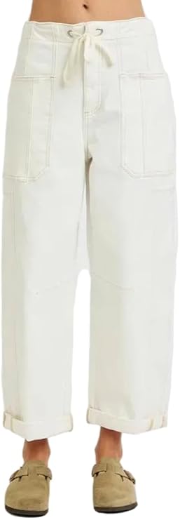 Risen High Rise Cropped Barrel Cargo Pocket Jeans- Ivory Gem
