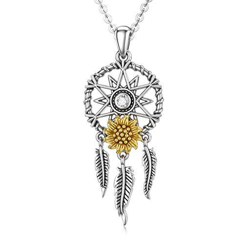 LONAGO Dream Catcher Necklace 925 Sterling Silver Sunflower 7 Chakra Stone Pendant Dangling Feather Jewelry Gift for Women