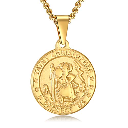 Saint Christopher Necklace for Men Women,Round Catholic St Christopher Medal Pendant Jewelry Boy Outdoor Traveler Medallion Necklace with Stainless Steel ChainStereo Text,Gold