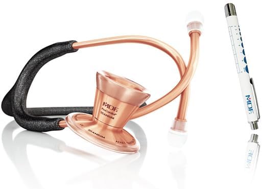 MDF Instruments ProCardial Cardiology Stethoscope, Lightweight Titanium, Adult, Dual Head, Rose Gold/Black Glitter Tube + MDF LUMiNiX Medical Professional Penlight