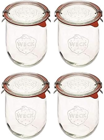 Weck Tulip Jars - 35.9 fl. oz (1 Liter) Glass Jars for Sourdough Starter - Wide Mouth With Glass Lid - Suitable for Canning and Storage - 4 Pack