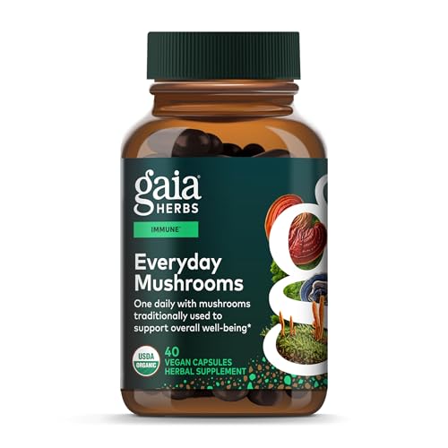 Gaia Herbs Everyday Mushrooms - Immune Support Mushroom Supplement for Daily Health Support - with Reishi, Cordyceps, Turkey Tail, Shiitake & Chaga Mushrooms - 40 Vegan Capsules 40 Servings