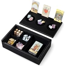 Emfogo Wooden Tarot Card Holder - Slide-Top Lid with 2 Card Slots Holds 8 Cards & Displays Crystals, Multi-Compartment Organizer for Jewelry, Trinket, Keepsake, Witchcraft Supplies (Black)
