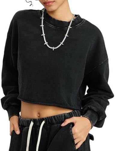 KEEPSHOWING Women's Acid Wash Casual Long Sleeve Crop Sweatshirt Crewneck Vintage Drop Shoulder Pullover Fleece Tops