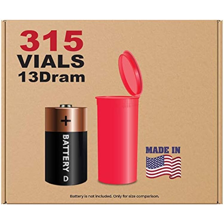 W Gallery 315 Strawberry Vials - 13 DRAM Pop Top Bottle - Airtight Smell Proof Containers - Medical Grade Plastic Prescription Bottles for Pills Herbs Flowers Supplements, Bulk Pack, Not Glass Jars