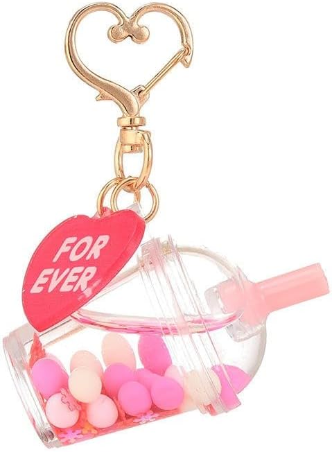 Buddha Bubbles Boba Liquid Filled Keychain with Charm & Heart Clasp Large Cup Measures 2 13 Dark Pink