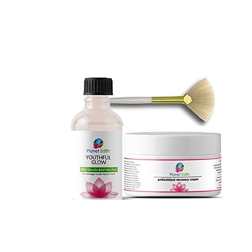 Planet Eden 40% Glycolic Acid Cosmetic Exfoliating Peel Kit with Fan Brush and Antioxidant Recovery Cream SurfaceLevel AHA Exfoliation