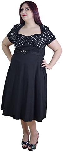 Womens Plus Size Vintage Polka Dot Dress - 1950s Pin Up Style A-Line Swing Dress with Belt - Two Tone Party Dress