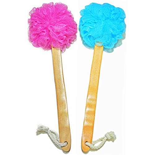 Shower Loofah Body & Back Scrubber - Exfoliating Loofah Bath Brush On a Stick - with Long Wooden Handle Back Brush for Men & Women - Easy Reach Body Wash & Lotion Applicator 2 Pack- Blue&Red