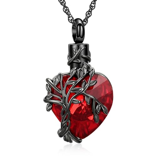 shajwo Tree of Life Cremation Heart Urn Ashes Necklace for Women Men Cremation Crystals Ash Pendant Loved One Memorial Jewelry