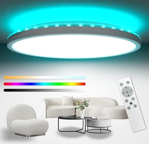 Peasur 42cm LED Ceiling Light 3000-6000K Large, 32W 4000LM Bathroom Light Dimmable with Remote Control, RGB Color Changing Backlight, Big Flush Round Ceiling Lights for Living Room Bedroom Kitchen [Energy Class E]