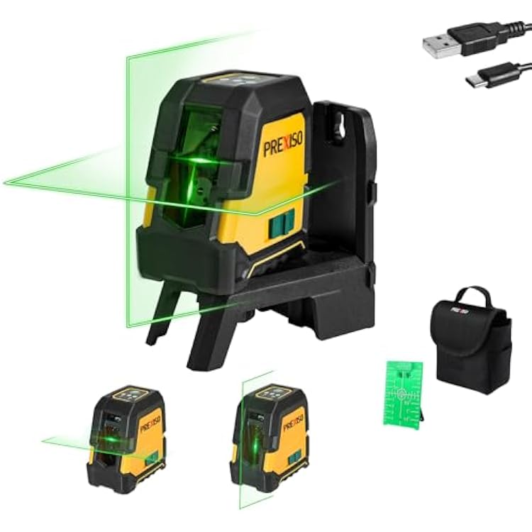 PREXISO Laser Level Self Leveling - 100Ft Rechargeable Cross Line Laser, Green Line leveler Tool for Construction, Floor Tile, Home Renovation with Magnetic Pivoting Base, Target Plate & Portable Bag