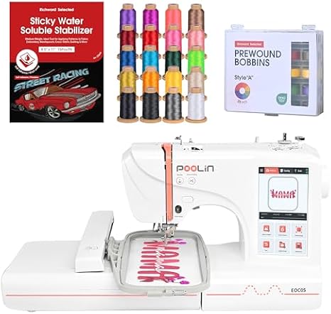 POOLIN EOC05 Beginner Plus Bundle with 20 Thread Spools, 25 Bobbins & Water-Soluble Stabilizer Sheets, Home Embroidery Starter Kit