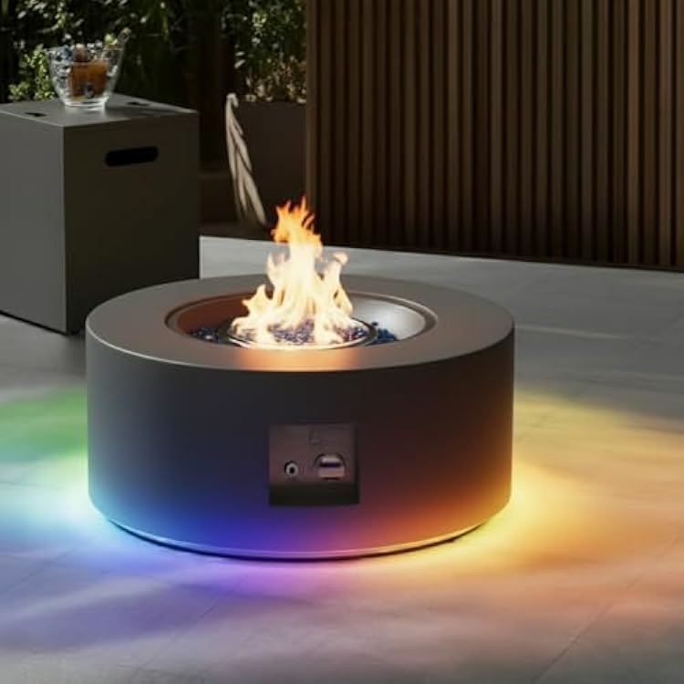 30 Round Propane Fire Pit Table - 50K BTU with Lid, Rocks Tank Storage and Cover - Round Gas Fire Pits for Outside Patio - Outdoor Table with Firepit GrayRGB Light, 30 Round