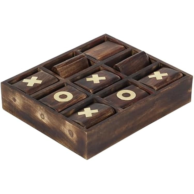 Deco 79 Mango Wood Tic Tac Toe Game Set with Gold Inlay, 11 x 13 x 3, Dark Brown