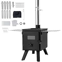 Happybuy Wood Stove, 86 inch, Alloy Steel Camping Tent Stove, Portable Wood Burning Stove with Chimney Pipes & Gloves, 1400in3 Firebox, Perfect for Outdoor Cooking and Heating with 8 Pipes