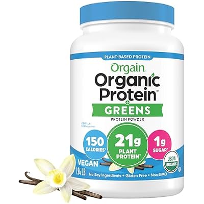 Orgain Organic Vegan Protein Powder  Greens, Vanilla Bean - 21g Plant Based Protein, Gluten Free, Dairy Free, Lactose Free, Soy Free, No Sugar Added, With Iron & Prebiotics for Gut Health - 1.94lb