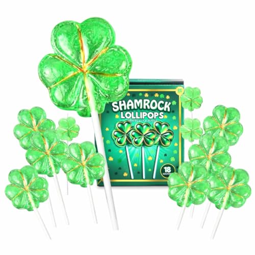 Irish Shamrock Lollipops St Patricks Day Candy 18 Pack Green Clover Suckers, Individually Wrapped Treats for Kids Classroom Exchange & School Parties