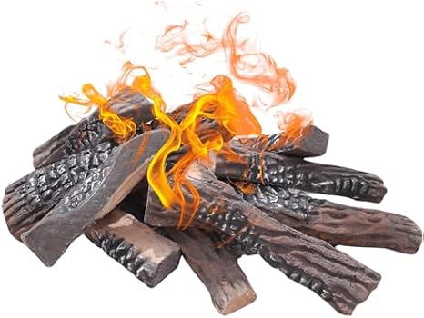Gas Fireplace Logs, 10pcs Large Faux Firepit Set, Decorative Ceramic Firewood for Indoor Outdoor Gas Insets, Vented, Ventless, Electric, Ethanol, Gel Fireplaces, Wood Color, 15inch