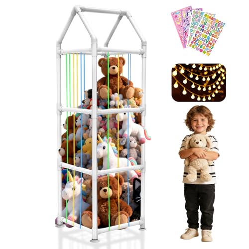 Stuffed Animal Storage with Suction Cups, Upgraded ABS Stuffed Animal Holder, Toy Storage Organizer with Elastic Bands, Plush Toy Organizer for Nursery, Playroom, Kids Bedroom, Colored Rope