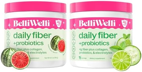 Belli Welli Daily Fiber Supplement Bundle - Cucumber Lime Mint & Watermelon - with Collagen, Probiotics & Electrolytes - Refreshing Wellness Flavors, 32 Total Servings