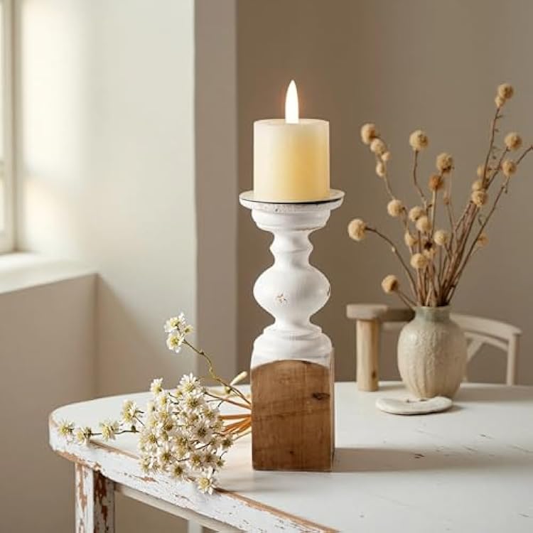SOFE Wood Farmhouse Candle Holders, 11 Tall White Candle Holders for Pillar Candles, Rustic Candle Stand for Mantel, Coffee Centerpiece Table Decorations, Living Room, Dining Room Decor