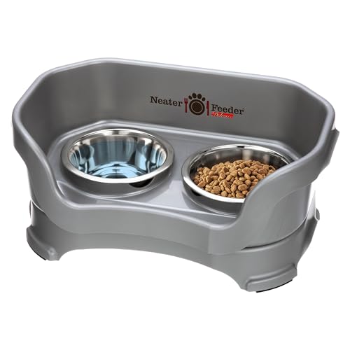 Neater Feeder Deluxe Mess Proof Cat Bowls Elevated for All Breeds Made in USA No Spill Raised Bowls for Indoor Cats Stainless Steel Food and Water Bowl Set, Pet Dish Feeding Station, Grey
