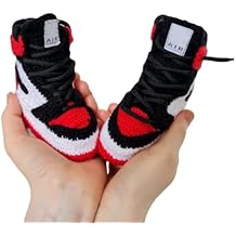Crochet Baby Basketball Sneakers Booties, Retro Jordan High-Top Kicks, Soft Organic, Non-Slip Infant Shoes, Boys & Girls (03M, 36M, 69M, 912M) Newborn Gift for Basketball Fans Red